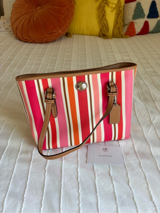 Coach Handbags - Coach Striped Tote in Pink, Orange & Cream with Tan Trim